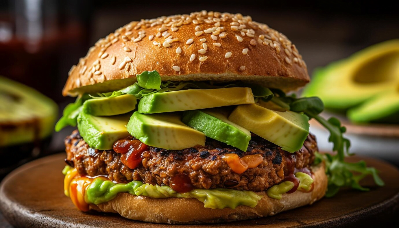 hamburguesa aguacate tomate proteínas vegetales frijoles vegano saludable